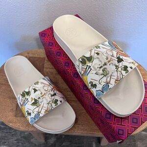 Tory Burch Everly Calf Leather Printed Birds Anatomic Slide Sandal Size 8